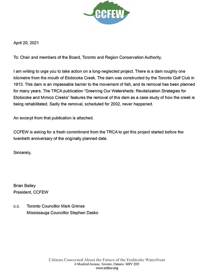Etobicoke Creek Dam letter to TRCA