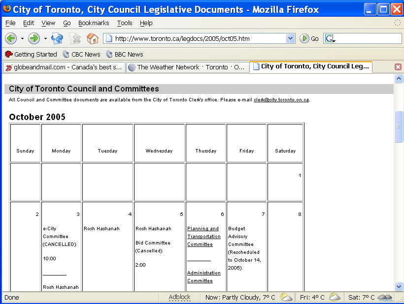 Toronto City Council Calendar screen shot