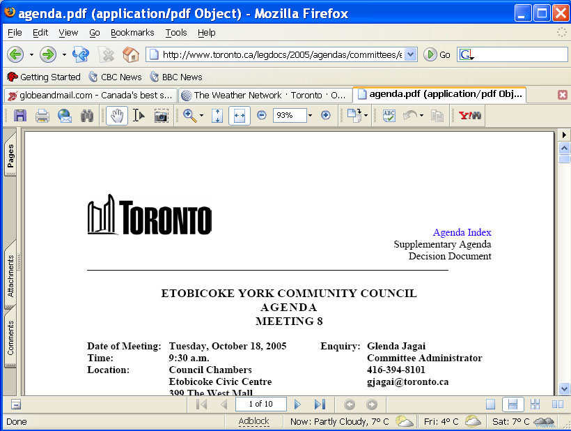 Toronto Community Council Agenda screen shot