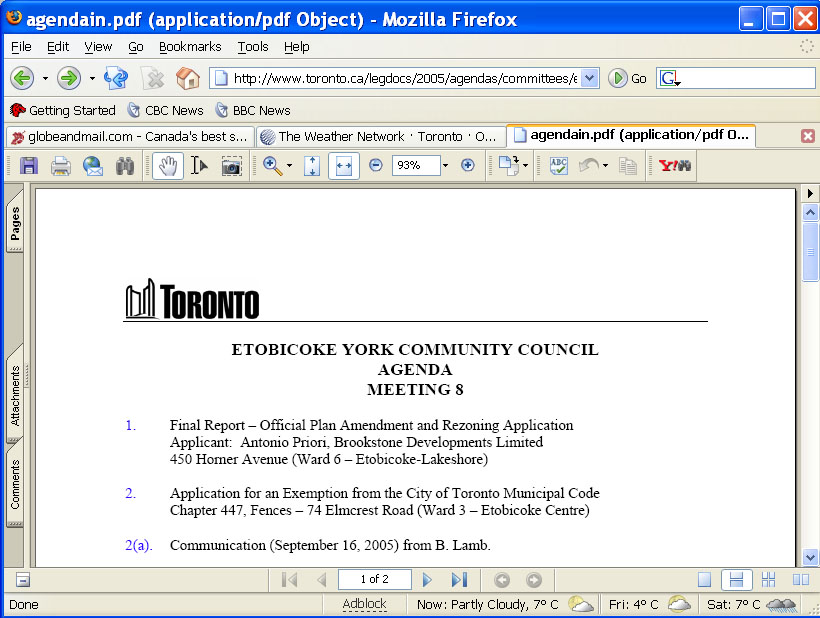 Toronto Community Council Agenda Index screen shot